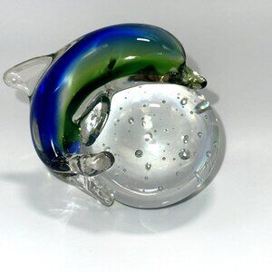 Art Glass Paperweight Blue & Green Dolphin on Controlled Bubble Glass Sphere